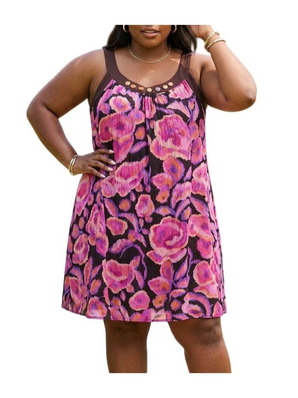 New Directions Size XL Dress Tunic Pink Floral Sleeveless Beaded Scoop Neck